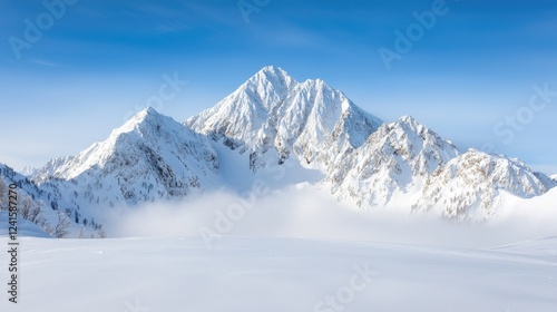 Snowy mountain peak, winter landscape, clear sky, travel postcard