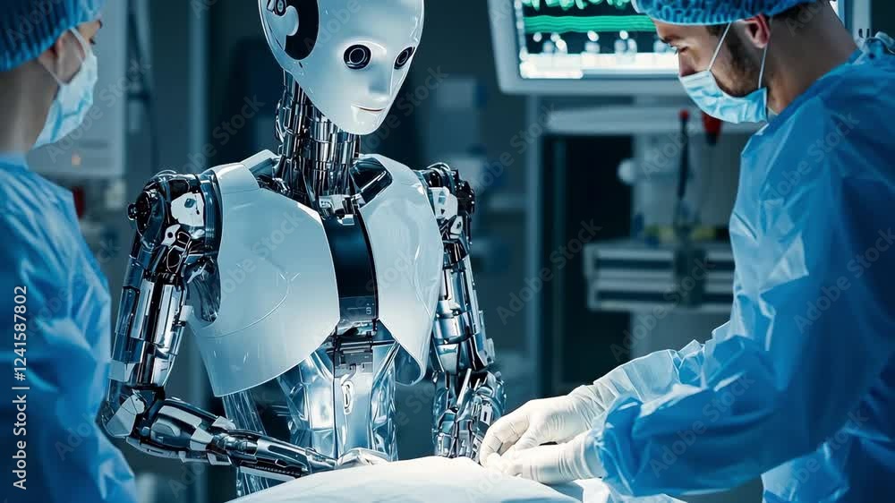 Robots and medical professionals collaborate in a surgical room, showcasing advanced technology used for precise medical operations. Robots and medical professionals collaborate in a surgical room, showcasing advanced technology used for precise medical operations.