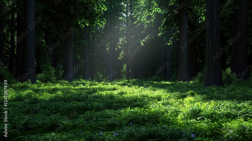 Obraz premium A forest with a lot of trees and grass