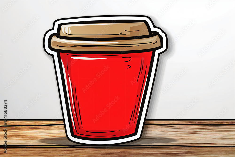 sticker with the image of a coffee cup, glass, with a lid, with a red sleeve, on a white background sticker with the image of a coffee cup, glass, with a lid, with a red sleeve, on a white background