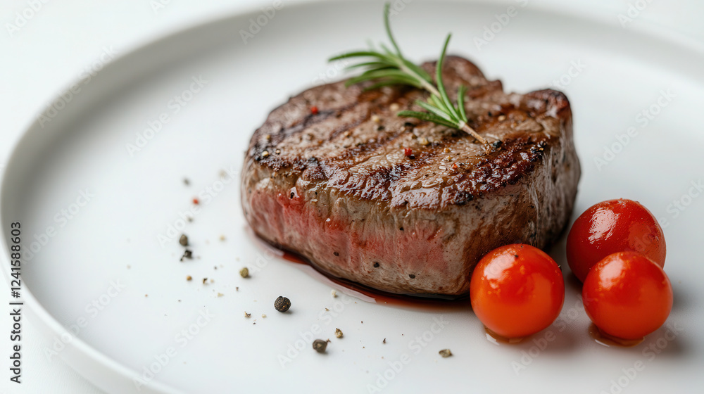 Delicious steak served on a white plate with fresh tomatoes and rosemary against a clean background. Medallion Medium Re Delicious steak served on a white plate with fresh tomatoes and rosemary against a clean background. Medallion Medium Re