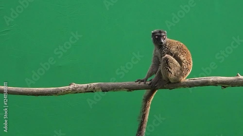 brown lemur looking in different directions on green screen slow motion
