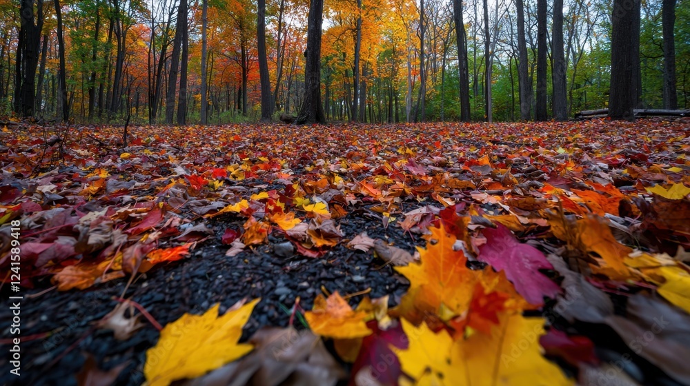 A forest floor covered in autumn leaves A forest floor covered in autumn leaves
