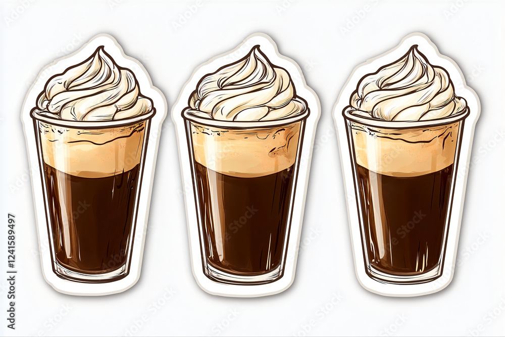 Iced coffee, latte, 2d illustration, sticker, on white background Iced coffee, latte, 2d illustration, sticker, on white background