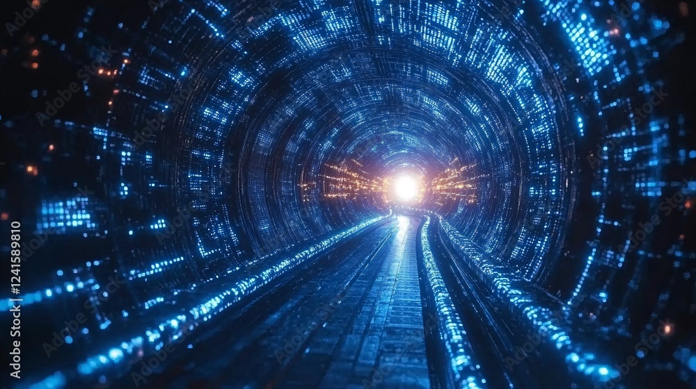 A futuristic tunnel illuminated by bright blue lights leads toward a glowing point, creating a sense of depth and mystery. A futuristic tunnel illuminated by bright blue lights leads toward a glowing point, creating a sense of depth and mystery.