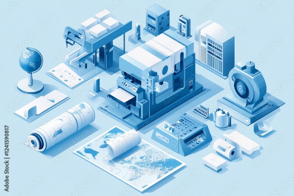 Detailed Illustration of an Industrial Printing and Mapping Production Facility Detailed Illustration of an Industrial Printing and Mapping Production Facility