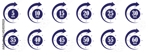 Minute timer icons set. Countdown Timer Icons Showing 5 to 60 Minutes in Circular Clock Design with Arrow, Set of Time Interval Symbols for Infographics and UI. Timer. clock. stopwatch. Countdown.