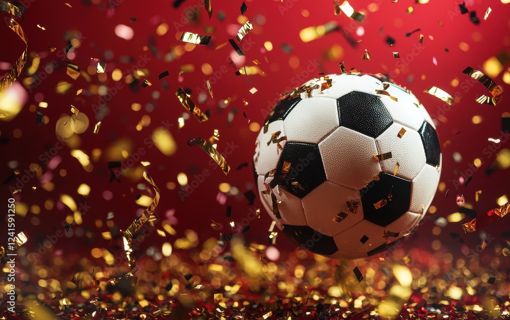 Naklejka premium A football surrounded by confetti and streamers, festive celebration, vibrant red and gold background, party atmosphere