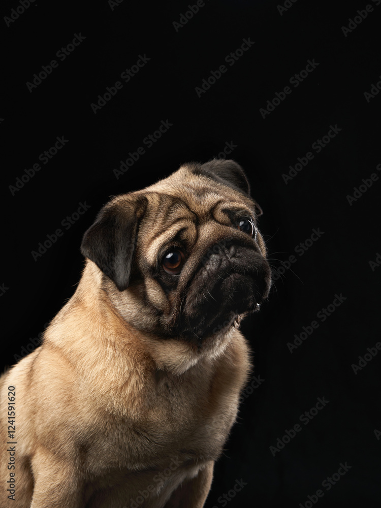 Obraz premium A mopey-looking pug sits with a melancholic expression, captured under soft lighting on a black background. The texture of its fur and characteristic wrinkles add charm and personality.