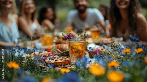Fototapeta Naklejka Na Ścianę i Meble -  Friends enjoying a summer picnic in a park, surrounded by wildflowers