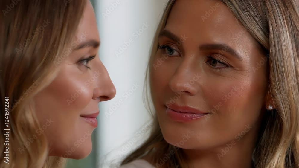 Two blonde women gaze at each other, their faces close, sharing a moment of deep connection and unspoken understanding, in a brightly lit indoor environment. LGBT, valentine concepts Two blonde women gaze at each other, their faces close, sharing a moment of deep connection and unspoken understanding, in a brightly lit indoor environment. LGBT, valentine concepts