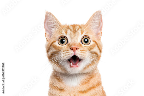 Ginger cat with excited wow face against white background