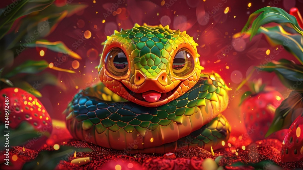 Playful cartoon snake fruit with a wink, red background with spikes Playful cartoon snake fruit with a wink, red background with spikes