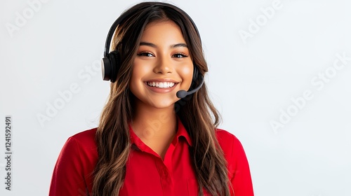 a portrait of a beautiful young woman wearing a red shirt while wearing headphones against a white background photo 