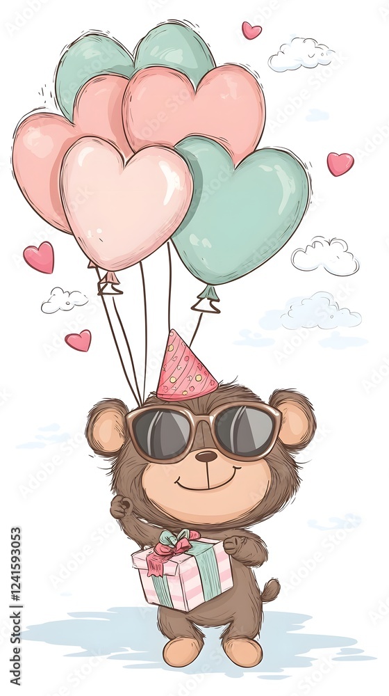 A cute brown bear wearing sunglasses and a birthday hat, floating with heart-shaped balloons
A cute brown bear wearing sunglasses and a birthday hat, floating with heart-shaped balloons