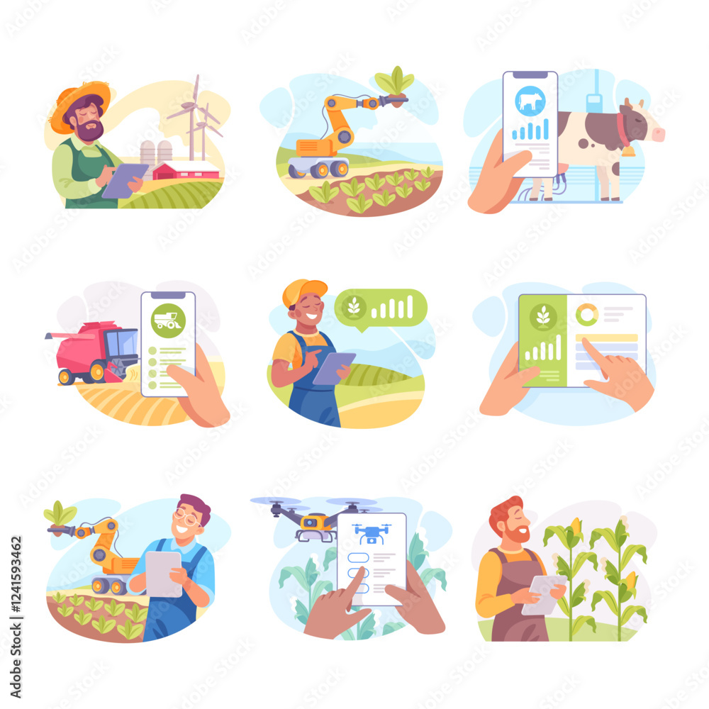 Fototapeta premium Farming Technology with Farmer Managing Farm with Mobile App on Tablet Vector Set