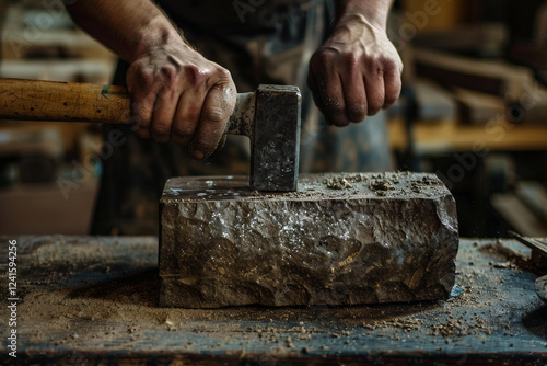 Generative AI Image of a Stonemason Working with Stone, Shaping and Carving Stone Surface photo