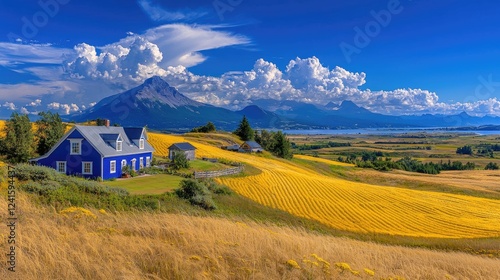Blue house on golden field, mountain view