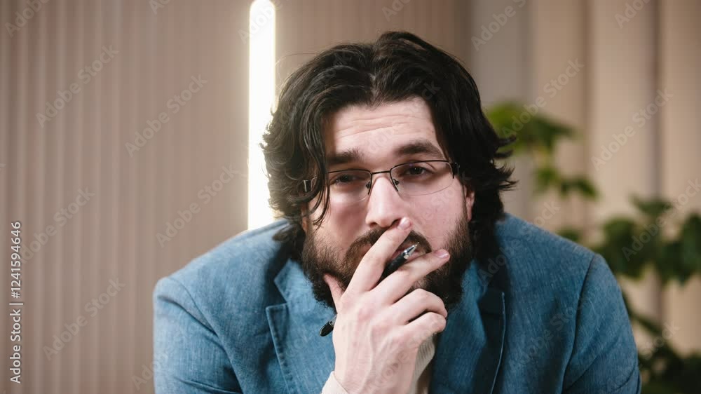 Close-up of a self-confident psychologist wearing glasses, talking to a patient from the first person. Concept: professional support in solving personal problems and guiding towards a better life. Close-up of a self-confident psychologist wearing glasses, talking to a patient from the first person. Concept: professional support in solving personal problems and guiding towards a better life.