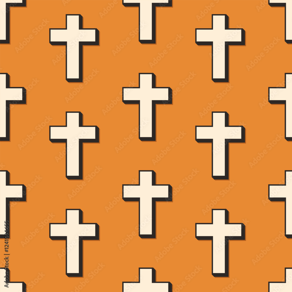 Minimalist isometric christian crosses vector seamless pattern. White religious symbols with shadows on orange background.
