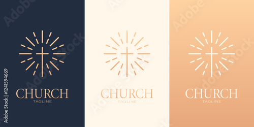 Elegant minimalist church logo. Cross with radiant light beams in three color variations. Religious emblem in three color variations for logo and branding design.