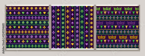 Mardi Gras seamless patterns with holiday trinket, strings of beads. Geometric pattern with stripes on dark purple background. Vintage style illustration