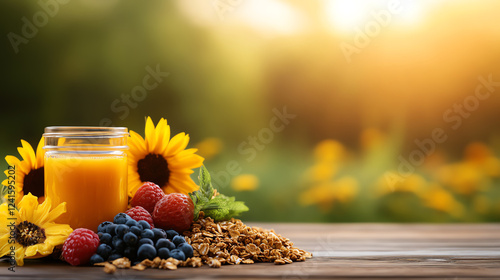 A beautifully prepared breakfast with fresh fruit and granola, symbolizing wellness and nutrition, bright colors photo