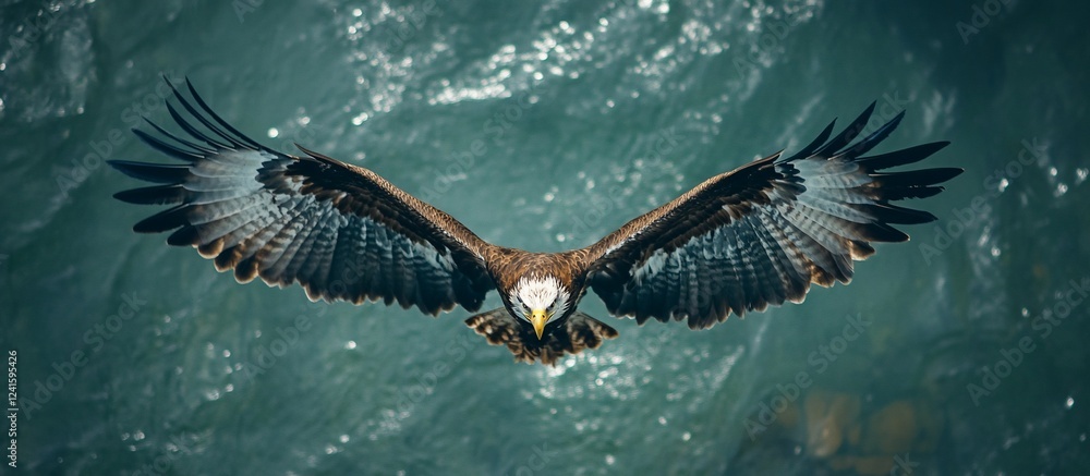 Fototapeta premium Majestic eagle soaring over a shimmering blue ocean, capturing the essence of freedom and nature