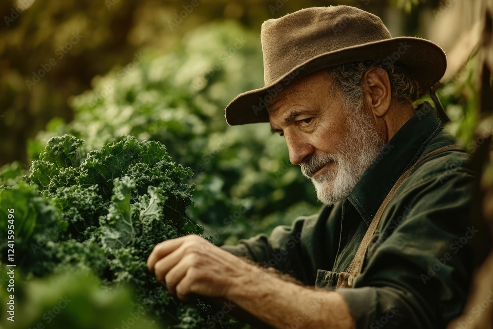 Fototapeta premium Senior farmer carefully examining his lush kale crop in a rustic garden setting.