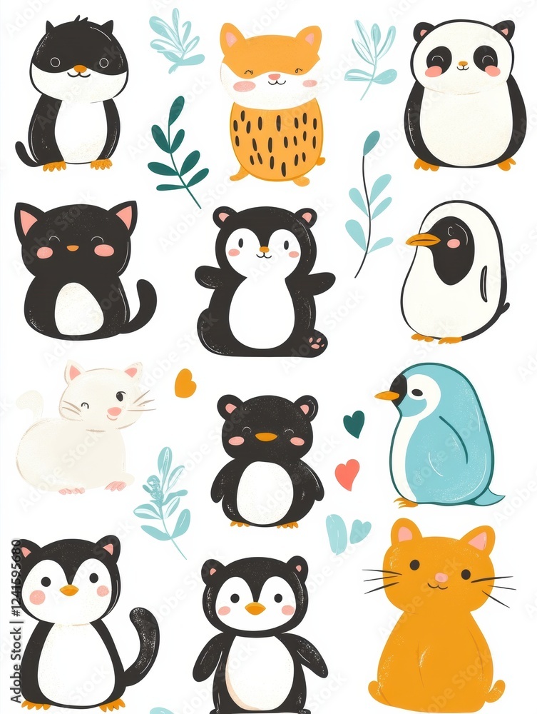 Fototapeta premium Cute animal stickers featuring playful characters in vibrant colors for creative projects and crafts. Generative AI