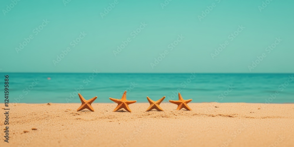 A tranquil summer beach scene showcases four unique starshaped beach chairs perfectly aligned on the soft golden sand, providing a stunning view of the serene turquoise sea under a clear blue sky