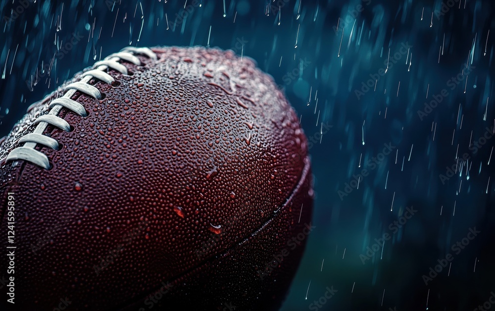 A Super Bowl football with water droplets, placed against a deep blue wet glass background, moody and atmospheric A Super Bowl football with water droplets, placed against a deep blue wet glass background, moody and atmospheric