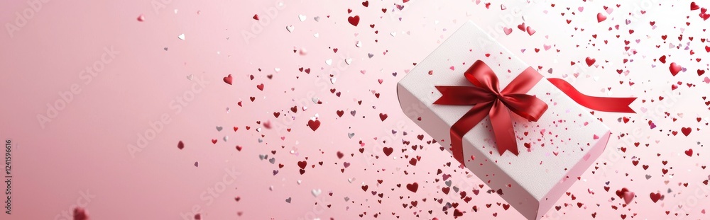 A white gift box with a red ribbon, set on a pastel pink background with scattered heart confetti, modern and elegant mockup for Saint Valentines Day with text space A white gift box with a red ribbon, set on a pastel pink background with scattered heart confetti, modern and elegant mockup for Saint Valentines Day with text space