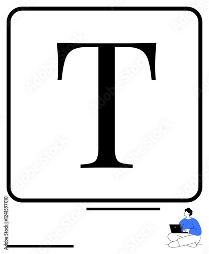 Large bold letter T centered in a square, small figure working on a laptop below. Ideal for typography, web design, creativity, education, technology, minimalism, abstract line flat metaphor