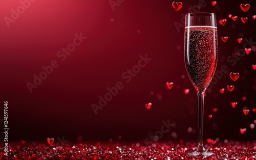 Minimalist mockup background with space for text designed with a sleek champagne flute filled with sparkling wine, set against a deep red gradient with softly floating hearts for Saint Valentines Day photo