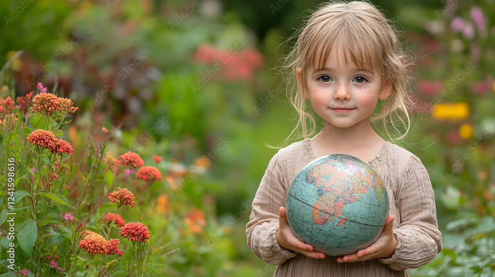 Girl holding globe in a flower garden, environmental concept, stock photo Girl holding globe in a flower garden, environmental concept, stock photo