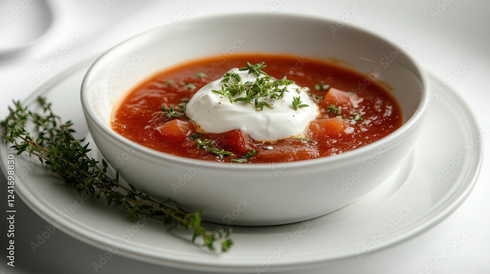 Elegant Ukrainian borscht with sour cream served alongside rustic food in a French restaurant setting Elegant Ukrainian borscht with sour cream served alongside rustic food in a French restaurant setting