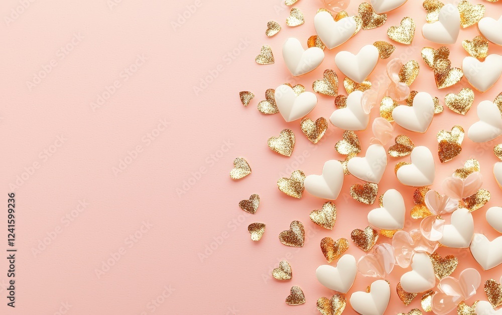 Luxury mockup background with space for text featuring a cascade of delicate gold foil hearts on a soft blush gradient for Saint Valentines Day and 8 March International Womens Day Luxury mockup background with space for text featuring a cascade of delicate gold foil hearts on a soft blush gradient for Saint Valentines Day and 8 March International Womens Day