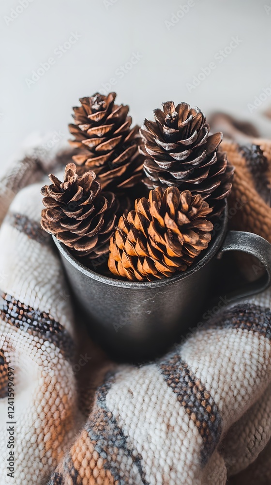 Fototapeta premium A cup of coffee with pine cones inside, wrapped in an Indian-patterned scarf, 