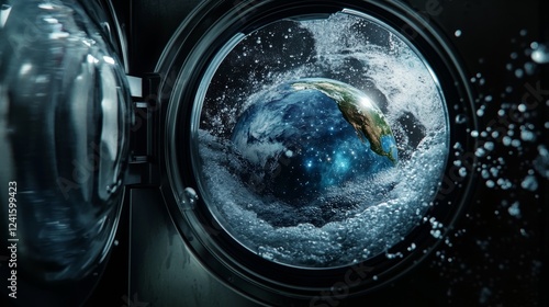 A surreal depiction of Earth inside a washing machine photo