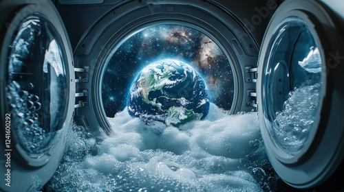 A surreal depiction of Earth inside a washing machine photo