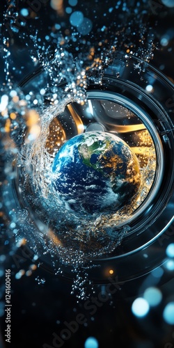 A surreal depiction of Earth inside a washing machine photo