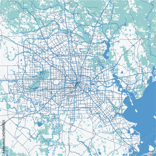 Map of Houston Metro in Texas in a professional blue style. Contains layered vector with roads water, parks, etc.