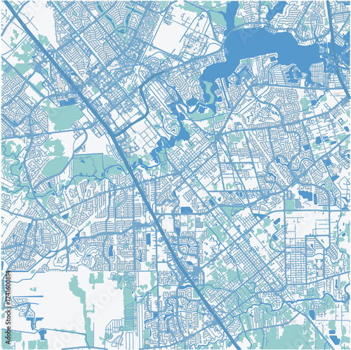 Map of League City in Texas in a professional blue style. Contains layered vector with roads water, parks, etc.