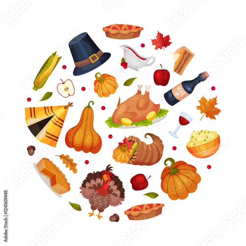 Thanksgiving Round Composition with Autumn Fest Object Vector Template
