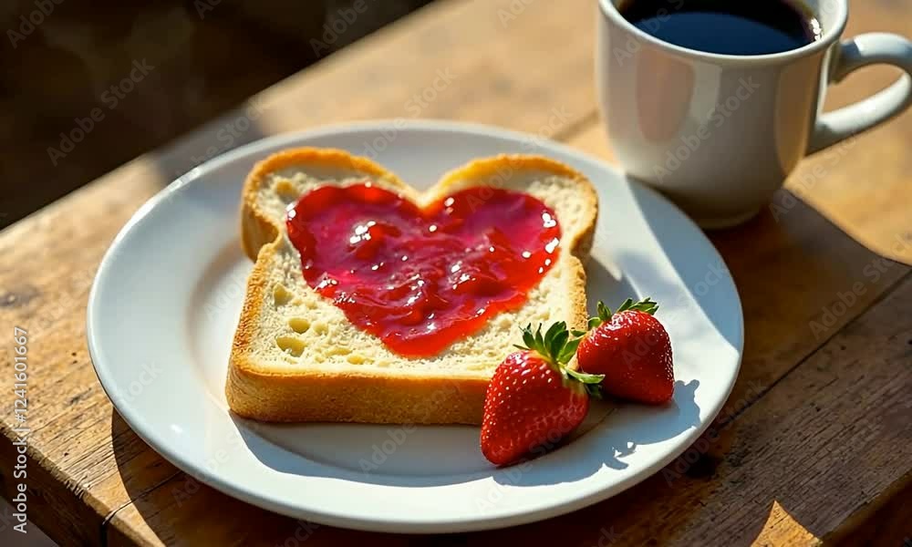 Zoom in into St Valentine's day breakfast - delicious toast with strawberry jam in shape of heart. Surprise for lover idea. Zoom in into St Valentine's day breakfast - delicious toast with strawberry jam in shape of heart. Surprise for lover idea.