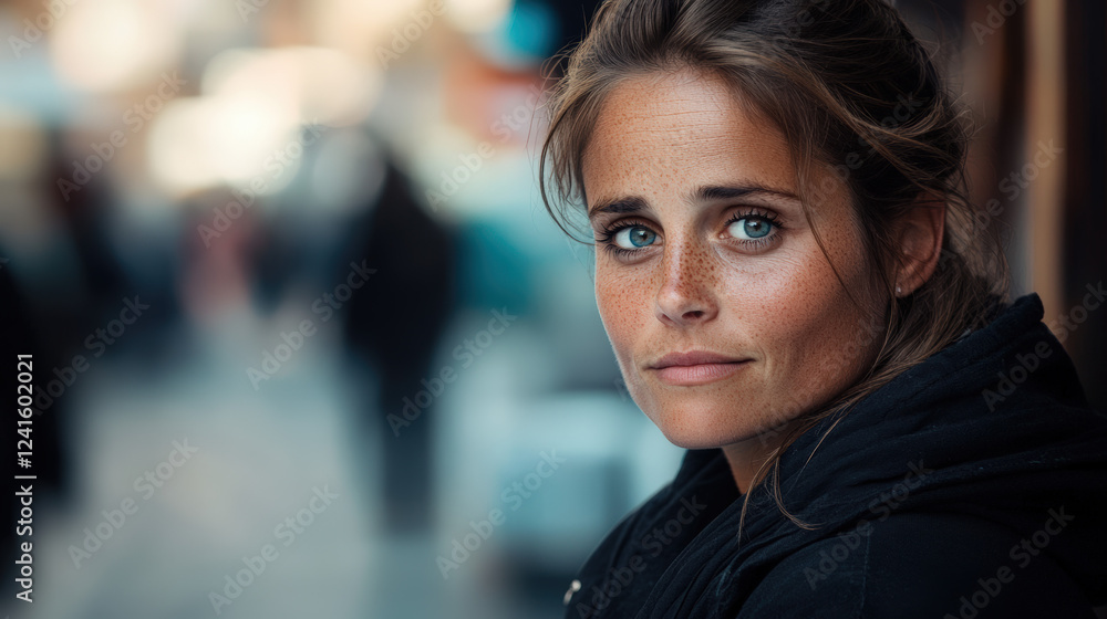Fototapeta premium Portrait urbain d'une femme contemplative de trois-quart par temps froid