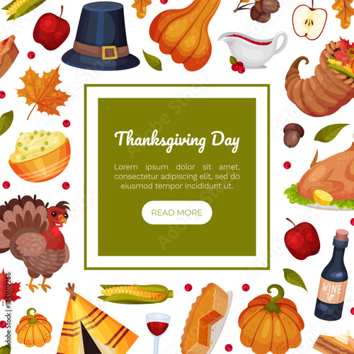 Thanksgiving Banner with Autumn Fest Object Vector Template