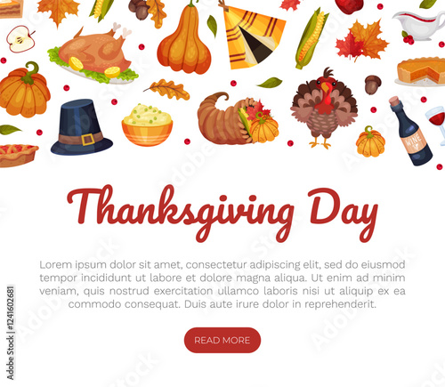 Thanksgiving Banner with Autumn Fest Object Vector Template