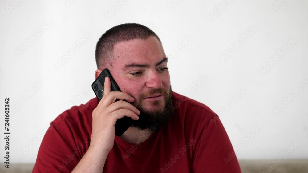 A young man wearing a red shirt is talking on the phone and smiling at home, showcasing his cheerful personality and lively conversation A young man wearing a red shirt is talking on the phone and smiling at home, showcasing his cheerful personality and lively conversation